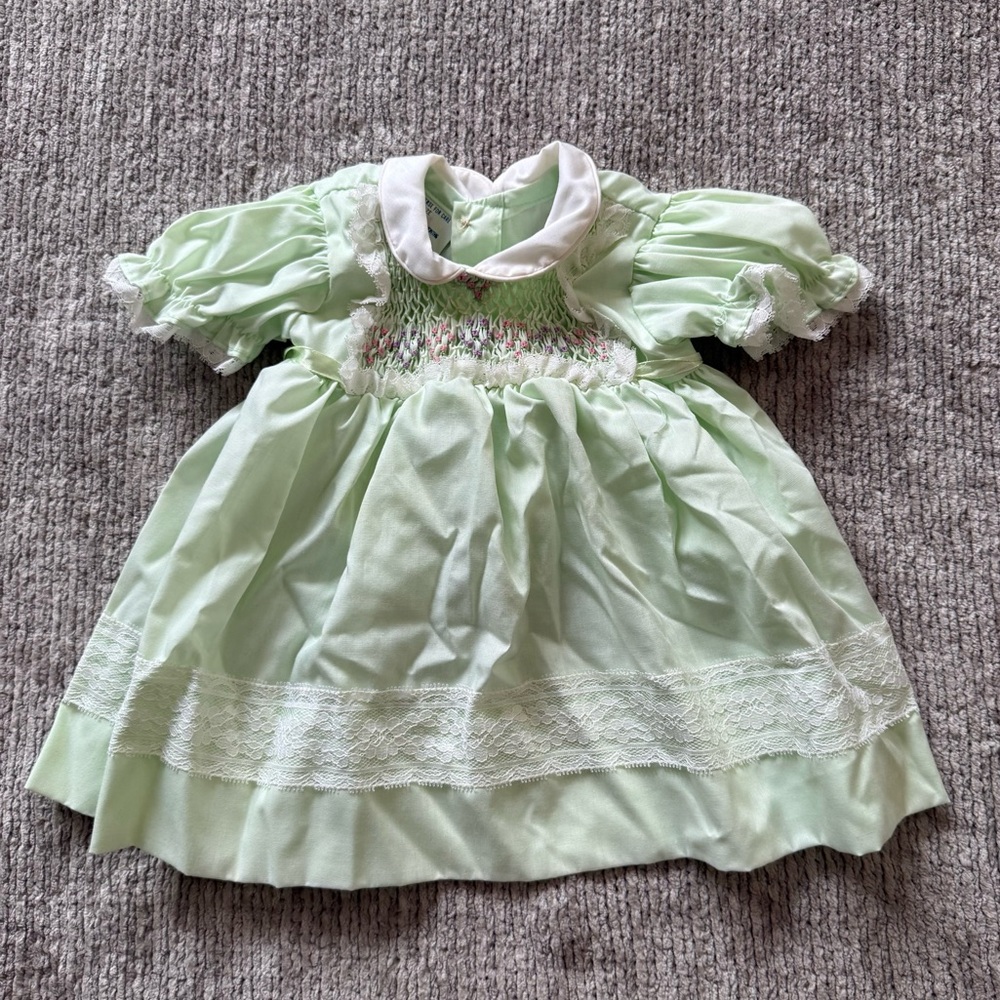 Polly‎ Flinders Hand-Smocked Mint Green Lace Dress Infant 6–12M Vintage